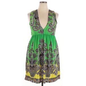 Shana Dress Women XXL Green Paisley‎ Silky Stretch Deep V Goddess Empire Waist